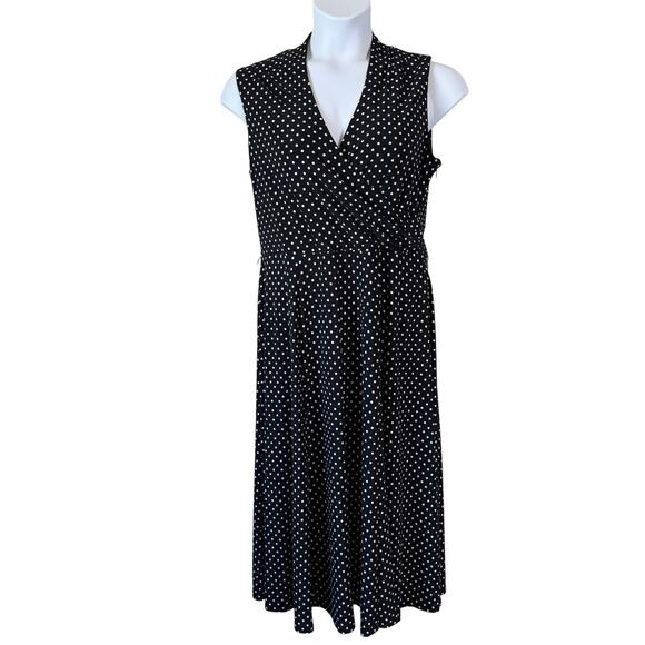 Evan-Picone Sz 14 Retro Polka Dot A-Line Dress Sleeveless Wrap Style Midi Work - Picture 2 of 9
